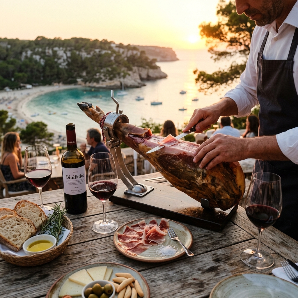 Atardecer sobre Cala Galdana con ibéricos y vino